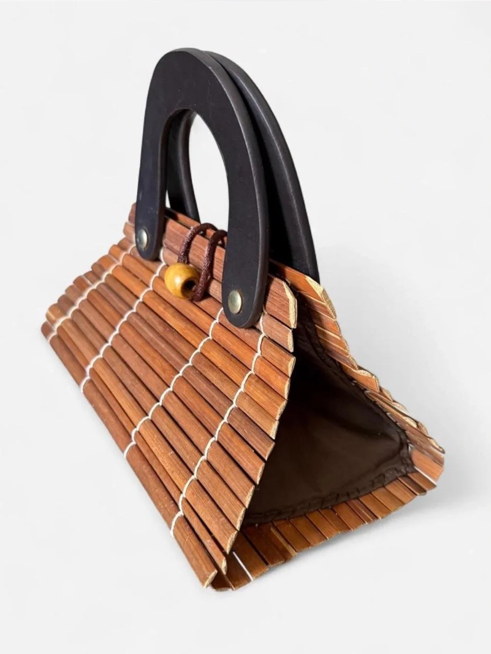 Vintage Brown Bamboo Handbag with White Stitching and Dark Brown Top Handles